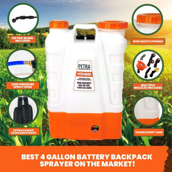 PetraTools 4 Gallon Battery Powered Backpack Sprayer – Extended Spray Time Long-Life Battery - New HD Wand Included, Wide Mouth Lid, Multiple Nozzles & Battery Included