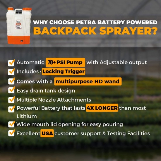 PetraTools 4 Gallon Battery Powered Backpack Sprayer – Extended Spray Time Long-Life Battery - New HD Wand Included, Wide Mouth Lid, Multiple Nozzles & Battery Included