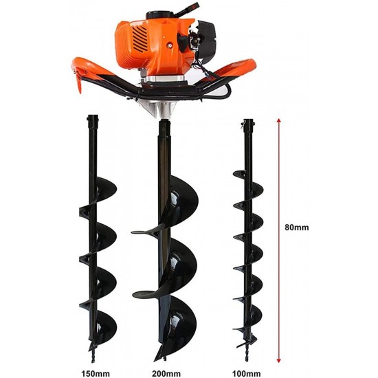 One Man Earth Auger, 52cc 2-Cycle 2.3 HP Petrol Powered Earth Auger Post Hole Borer Ground Drill Digger + 3 Bits