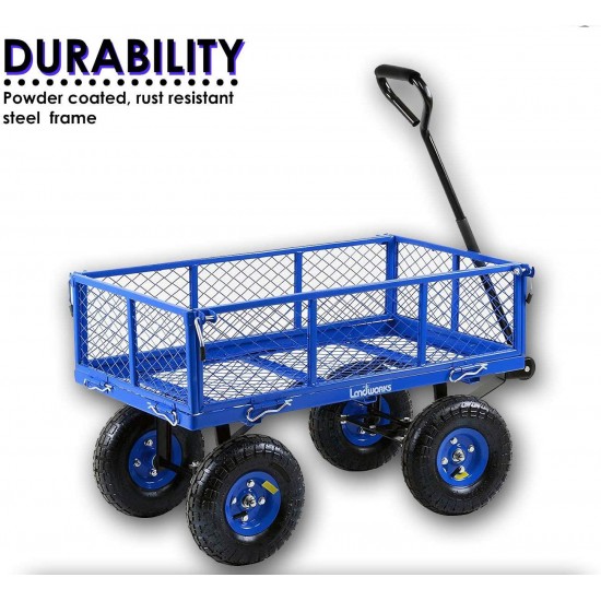 Landworks 2103Q044A Heavy Duty Lawn/Garden Utility Cart/Wagon With Removable Side Meshes, 400 lbs, Blue