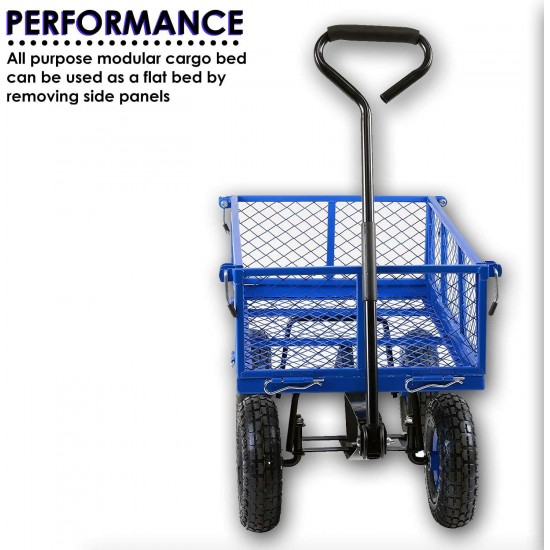 Landworks 2103Q044A Heavy Duty Lawn/Garden Utility Cart/Wagon With Removable Side Meshes, 400 lbs, Blue