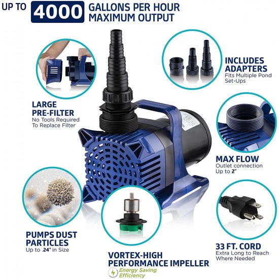 Alpine Corporation Alpine PAL4000 Pond Pump-4000 Fountains, Waterfalls, and Water Circulation 4000 GPH Cyclone Pump, Black and Blue