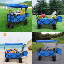 Push and Pull Collapsible Utility Wagon, Heavy Duty Folding Portable Hand Cart with Removable Canopy, 7“ All-Terrain Wheels, Adjustable Handles and Double Fabric for Shopping, Picnic, Beach, Camping