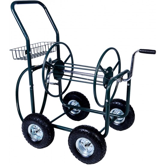 KARMAS PRODUCT 4 Wheels Portable Garden Hose Reel Cart  with Storage Basket  Rust Resistant Heavy Duty Water Hose Holder