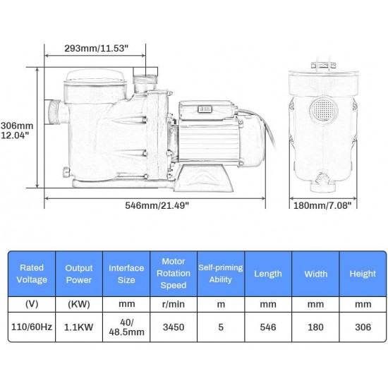 Anbull 1.5 Horsepower Above Ground Pool Pump with Cord, High Efficiency and Low Noise, 1100W Swimming Pool Pump with Clean Filter Basket, Apply to Water Circulation in Filtration System