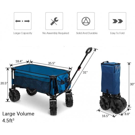 Timber Ridge Outdoor Collapsible Wagon Utility Folding Cart Heavy Duty All Terrain Wheels for Shopping Camping Garden Beach with Side Bag and Cup Holders