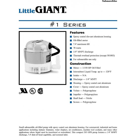 Little Giant 501003 1 115 Volt 205 GPH Oil-Filled Small Submersible Pump