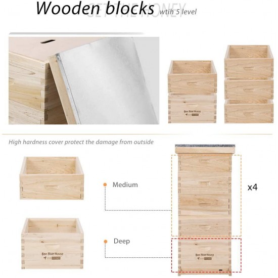 VIVOHOME Wooden 5 Layers 5 Box Langstroth Honey Bee Hive Box with Metal Roof for Beekeeping (Foundations Not Included)