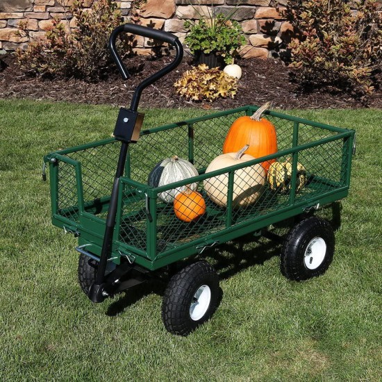 Sunnydaze Utility Steel Dump Garden Cart, Outdoor Lawn Wagon with Removable Sides, Heavy-Duty 660 Pound Capacity, Green