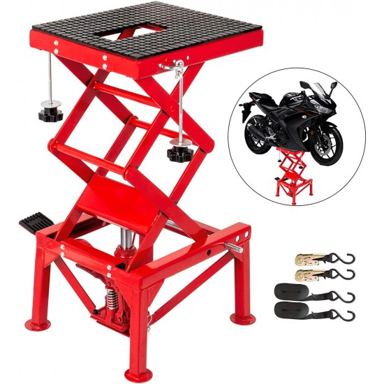 VEVOR Motorcycle Jack, Hydraulic Motorcycle Scissor Jack with 300LBS Load Capacity, Portable Lift Table, Adjustable Motorcycle Lift Jack, Red Motorcycle Lift Stand with Fastening Straps