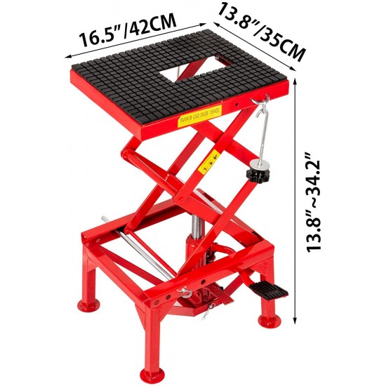 VEVOR Motorcycle Jack, Hydraulic Motorcycle Scissor Jack with 300LBS Load Capacity, Portable Lift Table, Adjustable Motorcycle Lift Jack, Red Motorcycle Lift Stand with Fastening Straps