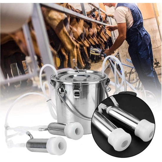 QHWJ Cows Milking Machine, Electric Vacuum Pump Cattle Milking Machine Kit with 5L Stainless Steel Milk Barrel, 2 Milk Lining and Milking Hose