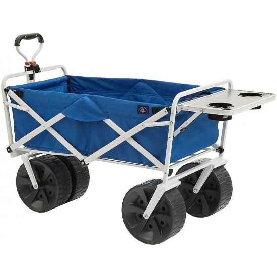 MacSports Heavy Duty Collapsible Folding All Terrain Utility Wagon Cart with Side Table, Blue/White