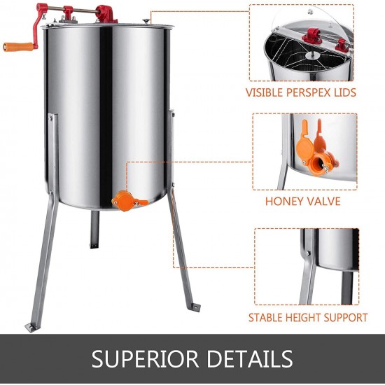 Happybuy 4 Frame Manual Honey Extractor Stainless Steel Honeycomb Drum Spinner Crank Beekeeping Equipment Apiary Centrifuge Equipment