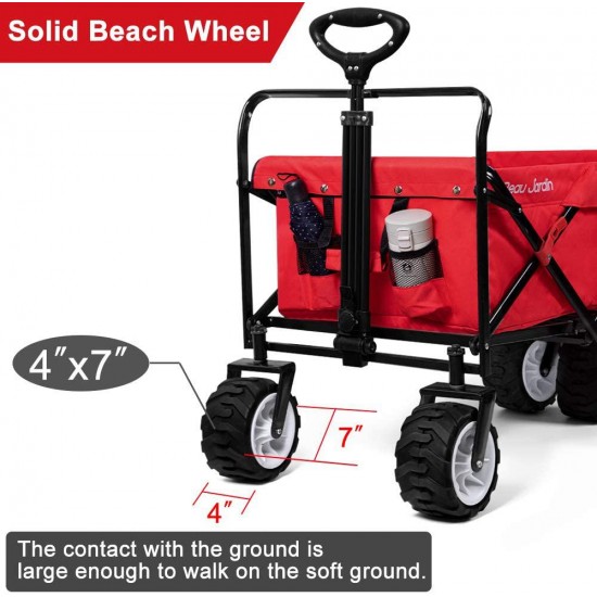 BEAU JARDIN Folding Push Pull Wagon Collapsible Cart 300 Pound Capacity Utility Camping Grocery Canvas Sturdy Portable Buggies Outdoor Garden Sport Heavy Duty Shopping Beach Wide All Terrain Wheel Red