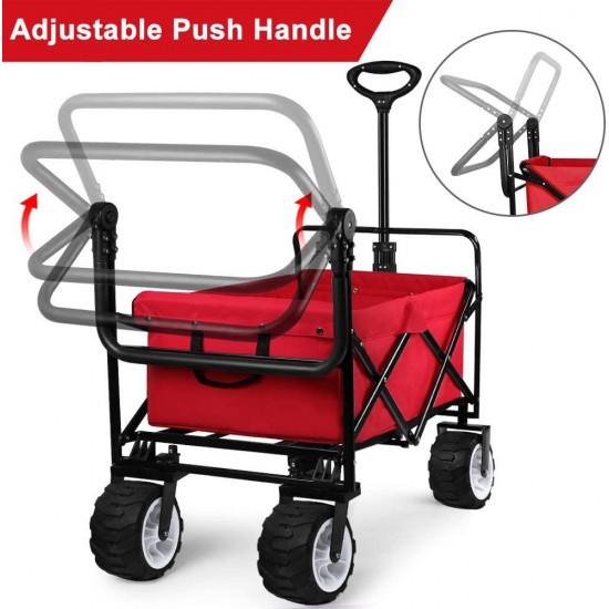 BEAU JARDIN Folding Push Pull Wagon Collapsible Cart 300 Pound Capacity Utility Camping Grocery Canvas Sturdy Portable Buggies Outdoor Garden Sport Heavy Duty Shopping Beach Wide All Terrain Wheel Red