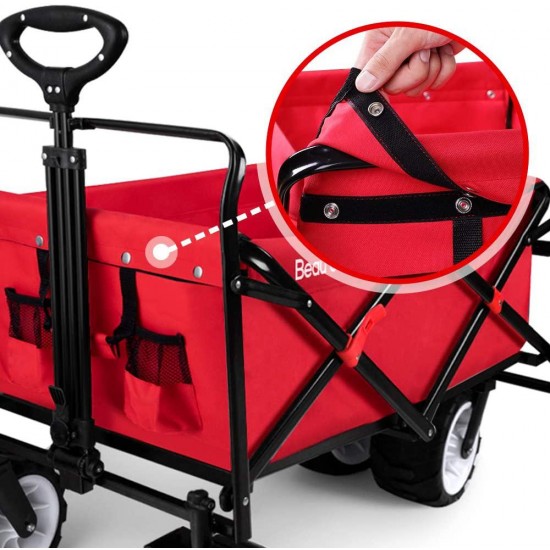 BEAU JARDIN Folding Push Pull Wagon Collapsible Cart 300 Pound Capacity Utility Camping Grocery Canvas Sturdy Portable Buggies Outdoor Garden Sport Heavy Duty Shopping Beach Wide All Terrain Wheel Red