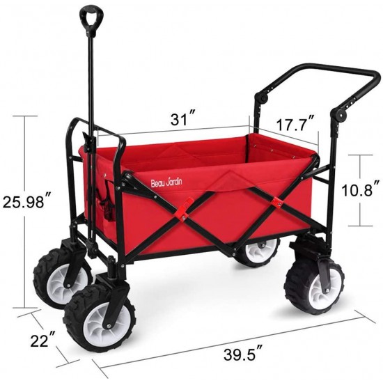 BEAU JARDIN Folding Push Pull Wagon Collapsible Cart 300 Pound Capacity Utility Camping Grocery Canvas Sturdy Portable Buggies Outdoor Garden Sport Heavy Duty Shopping Beach Wide All Terrain Wheel Red