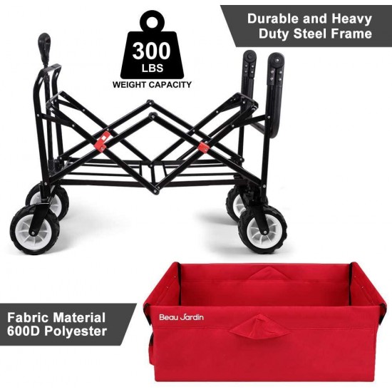 BEAU JARDIN Folding Push Pull Wagon Collapsible Cart 300 Pound Capacity Utility Camping Grocery Canvas Sturdy Portable Buggies Outdoor Garden Sport Heavy Duty Shopping Beach Wide All Terrain Wheel Red