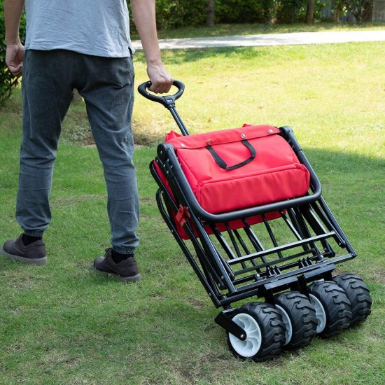 BEAU JARDIN Folding Push Pull Wagon Collapsible Cart 300 Pound Capacity Utility Camping Grocery Canvas Sturdy Portable Buggies Outdoor Garden Sport Heavy Duty Shopping Beach Wide All Terrain Wheel Red