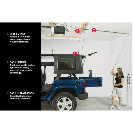 HARKEN Hardtop Overhead Garage Storage Hoist for Jeep Wrangler and Gladiator | Bonus 6 T Knobs for Quick Hardtop Removal | 6:1 Mechanical Advantage