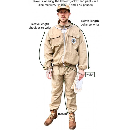 Honey Bee Safe Tan Beekeeper Suit 100% Cotton Khaki Beekeeping Jacket and Cargo Pants Combo with Detachable Hooded Veil Beekeepers Supple Leather Gloves (XLarge)