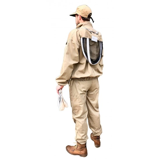 Honey Bee Safe Tan Beekeeper Suit 100% Cotton Khaki Beekeeping Jacket and Cargo Pants Combo with Detachable Hooded Veil Beekeepers Supple Leather Gloves (XLarge)