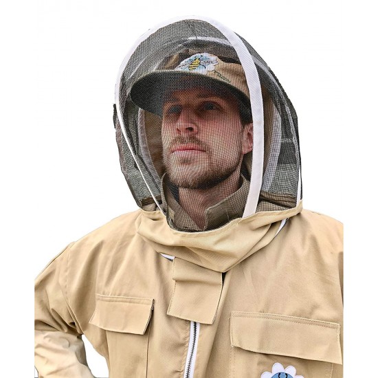 Honey Bee Safe Tan Beekeeper Suit 100% Cotton Khaki Beekeeping Jacket and Cargo Pants Combo with Detachable Hooded Veil Beekeepers Supple Leather Gloves (XLarge)