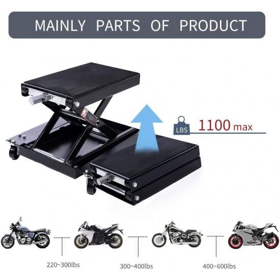 Apextreme 1100 LB Motorcycle Lift Center Scissor Lift Jack with Dolly Wide Flat Hoist Stand Bikes Garage Repair Stand