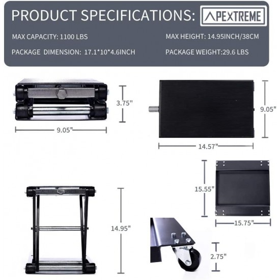 Apextreme 1100 LB Motorcycle Lift Center Scissor Lift Jack with Dolly Wide Flat Hoist Stand Bikes Garage Repair Stand