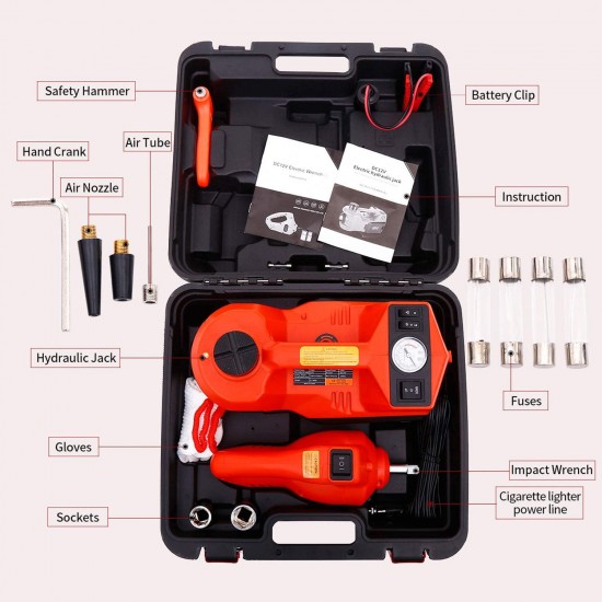 Trihelper Hydraulic Car Jack Kit – 3 Ton Electric Car Jack Stand Four In One Jack Set for Sedans SUV Floor Jack for Tire Change and Road Emergency with Integrated Tire Pump and Impact Wrench (Orange)