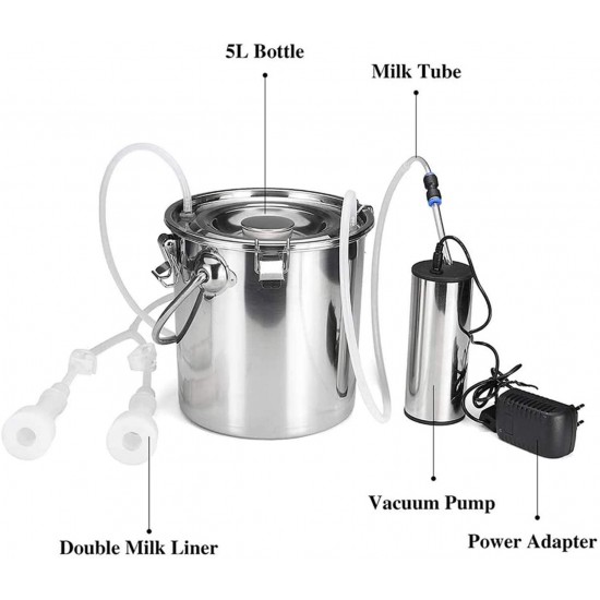 QHWJ 5L Goat Cow Milking Machine Electric Milking Pump Stainless Steel Milk Barrel Vacuum Milker Kit with 2 Teat Cups and Cleaning Brush,Goat