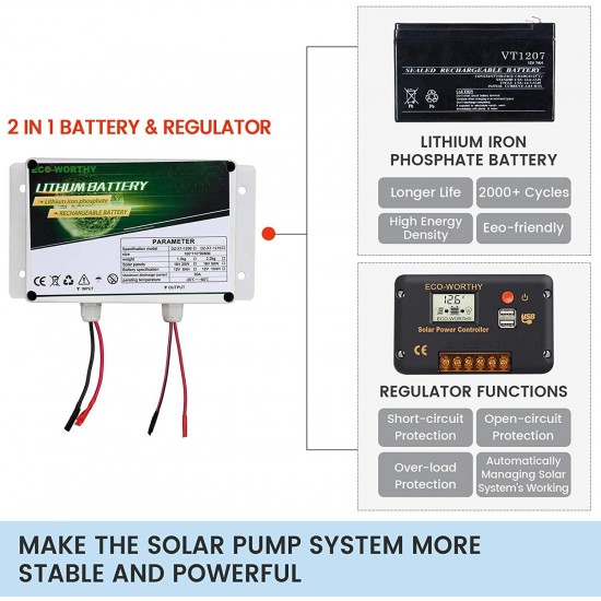 ECO-WORTHY 100W Deep Well Submersible Pump Kit with 6Ah LiFePO4 Lithium Battery, Large Flow Solar Water Pump + 100W Solar Panel Kit + 12V Battery for Deep Well, Irrigation, Human Animal Using Water