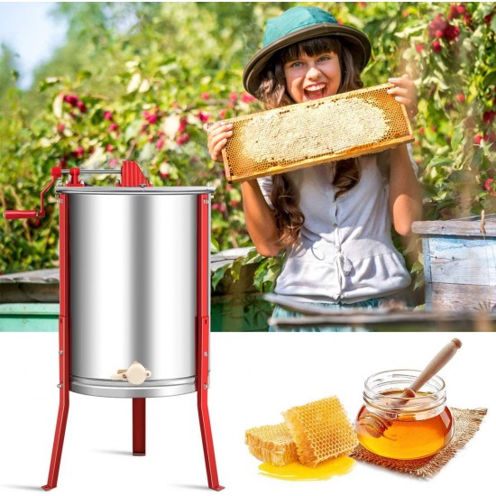 Goplus 4 Frame Honey Extractor, Manual Honey Separator, Stainless Steel Frame with Adjustable Height Support, Beekeeping Equipment (Silver)