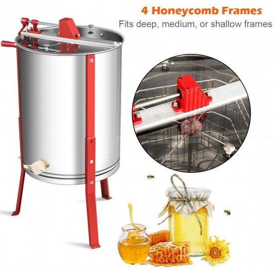 Goplus 4 Frame Honey Extractor, Manual Honey Separator, Stainless Steel Frame with Adjustable Height Support, Beekeeping Equipment (Silver)