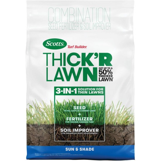 Scotts Turf Builder Thick'R Lawn Sun & Shade - 3 in 1 Lawn Fertilizer, Seed, & Soil Improver for a Thicker, Greener Lawn, Seeds Up to 4,000 Sq Ft, 40 Lb