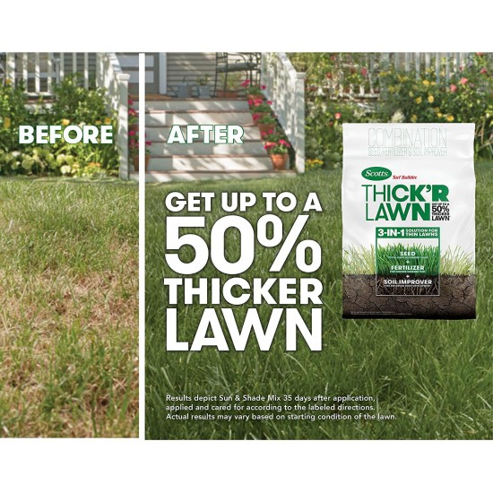 Scotts Turf Builder Thick'R Lawn Sun & Shade - 3 in 1 Lawn Fertilizer, Seed, & Soil Improver for a Thicker, Greener Lawn, Seeds Up to 4,000 Sq Ft, 40 Lb