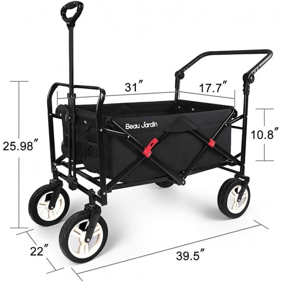 BEAU JARDIN Folding Push Wagon Cart Collapsible Utility Camping Grocery Canvas Fabric Sturdy Portable Rolling Lightweight Buggies Outdoor Garden Sport Heavy Duty Shopping Cart Wagons With Wheels Black