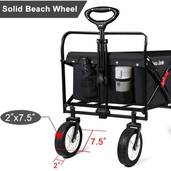 BEAU JARDIN Folding Push Wagon Cart Collapsible Utility Camping Grocery Canvas Fabric Sturdy Portable Rolling Lightweight Buggies Outdoor Garden Sport Heavy Duty Shopping Cart Wagons With Wheels Black