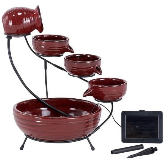 Smart Solar 23941R01 Ceramic Solar Cascade Fountain, Lava Red Finish, Powered by Included Separate Solar Panel, No Operating Costs or Wiring Required