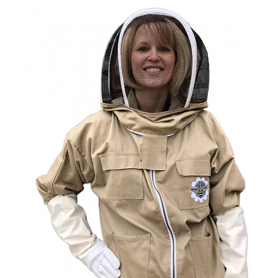 Honey Bee Safe Tan Beekeepers Suit 100% Cotton Full Body Coverall in Khaki with Detachable Hooded Veil and Supple Leather Gloves for Women (XXLarge)