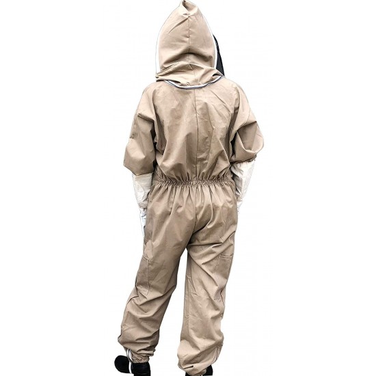 Honey Bee Safe Beekeepers Suit Tan100% Cotton Full Body Coverall in Khaki with Detachable Hooded Veil and Supple Leather Gloves for Women (XSmall)