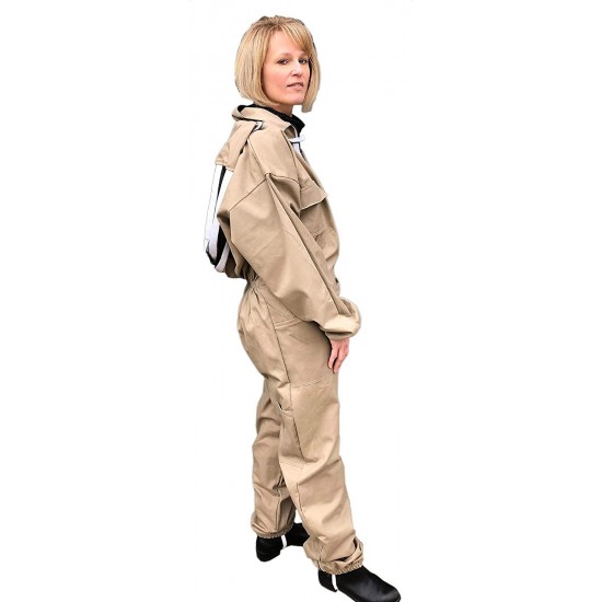 Honey Bee Safe Beekeepers Suit Tan100% Cotton Full Body Coverall in Khaki with Detachable Hooded Veil and Supple Leather Gloves for Women (XSmall)