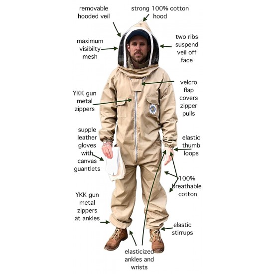 Honey Bee Safe Tan Beekeepers Suit 100% Cotton Full Body Coverall in Khaki with Detachable Hooded Veil and Supple Leather Gloves for Women (XXLarge)