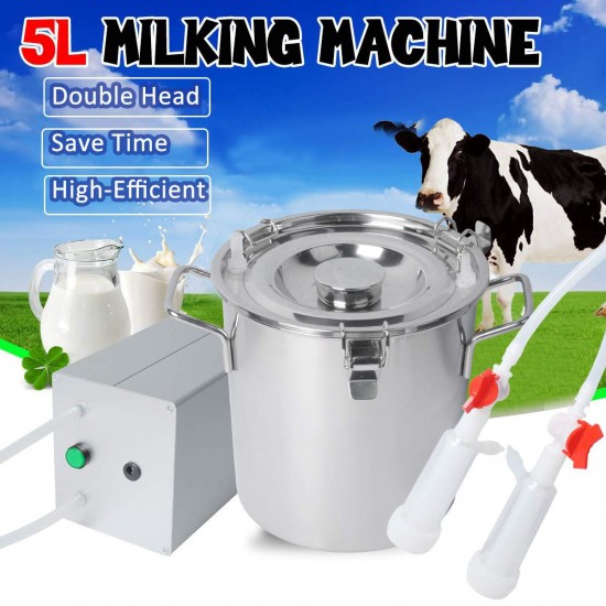 Electric Milking Machine for Cows Goats Sheep Portable Pulsation Milking Machine Single Bucket Piston Vacuum Pump (5L)