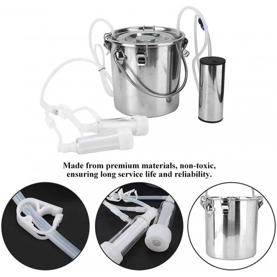 QHWJ Electric Goats Cows Milking Machine Vacuum Pump Cattle Milking Machine Kit with 5L Stainless Steel Milk Barrel, 2 Milk Teat Cups and Milking Hose,for Goat