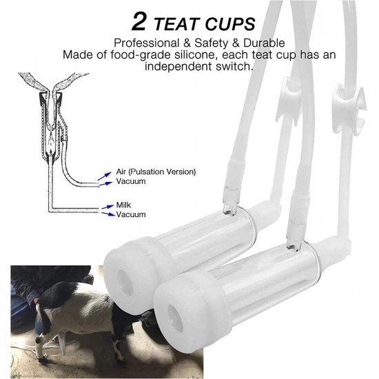 QHWJ Electric Goats Cows Milking Machine Vacuum Pump Cattle Milking Machine Kit with 5L Stainless Steel Milk Barrel, 2 Milk Teat Cups and Milking Hose,for Goat