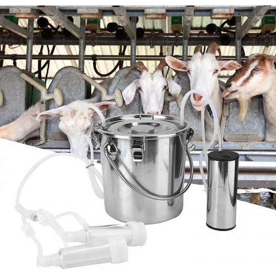 QHWJ Electric Goats Cows Milking Machine Vacuum Pump Cattle Milking Machine Kit with 5L Stainless Steel Milk Barrel, 2 Milk Teat Cups and Milking Hose,for Goat