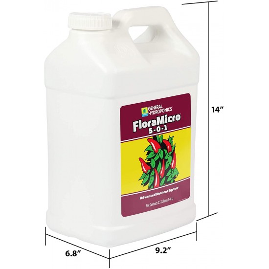 General Hydroponics HGC718130 FloraMicro 5-0-1, Use with FloraBloom & FloraGro for A Tailor-Made Nutrient Mix Ideal for Hydroponics, 2.5 Gallon, Brown/A