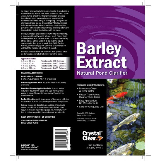 CrystalClear Barley Extract Concentrate - Natural Liquid Pond Clarifier - 2.5 Gallons Treats Up to 160,000 Gallons